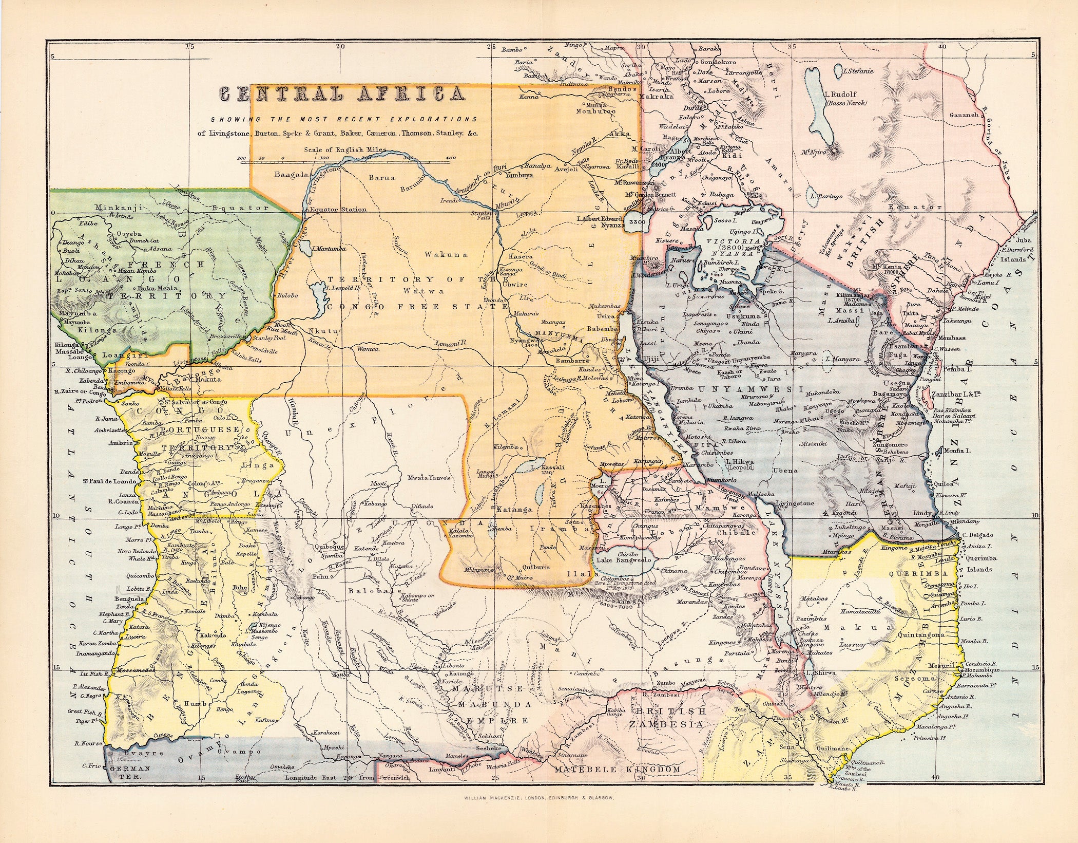 R3833  MacKenzie: Central Africa showing the most recent explorations of Livingstone, Burton, Speke & Grant, Baker, Cameron, Thomson, Stanley, &c. 1885