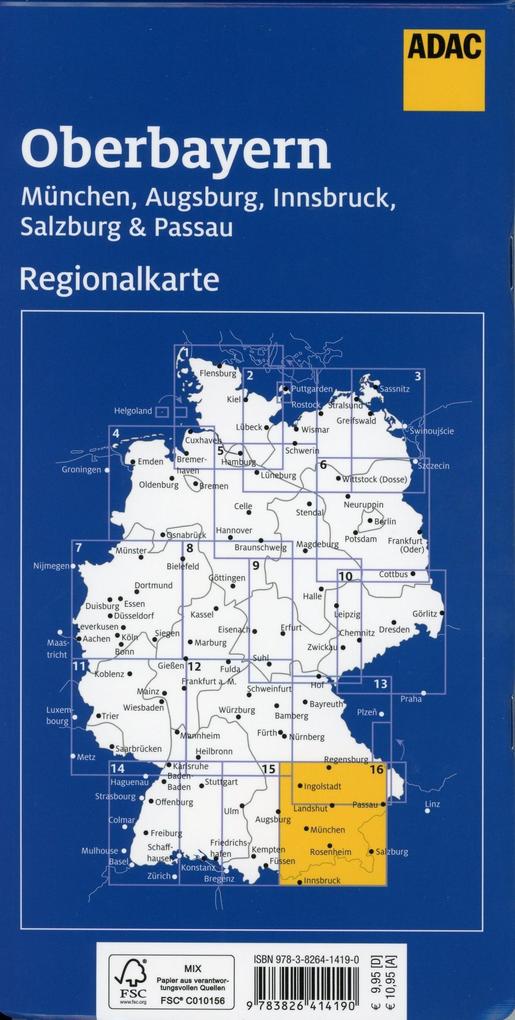 Oberbayern, München, Augsburg, Innsbruck, Salzburg, Passau 1:150.000 - ADAC Regionalkarte