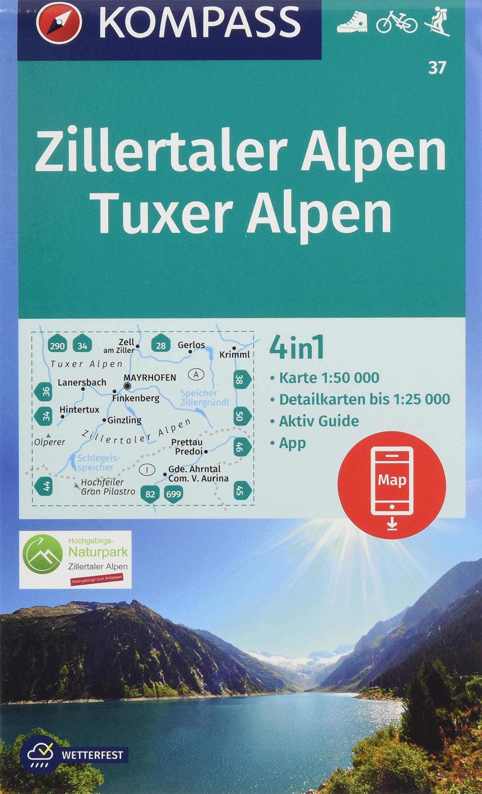 37 Zillertaler Alpen, Tuxer Alpen 1:50.000 - Kompass Wanderkarte