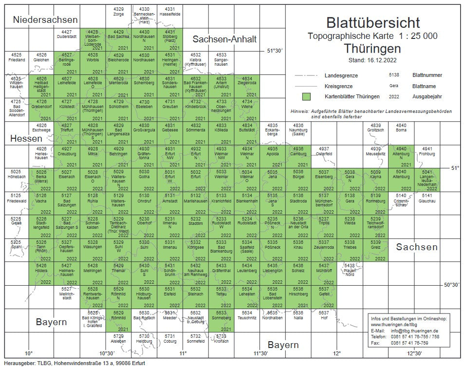 Thüringen 1:25.000 Topographische Karten Blattnummern 5126 - 5633