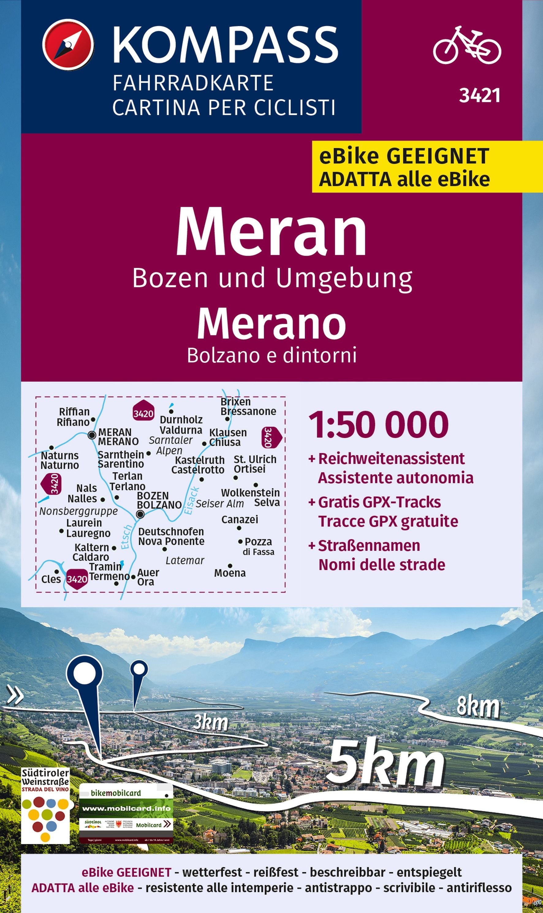 3421 Meran, Bozen und Umgebung 1:50.000 - KOMPASS Fahrradkarte