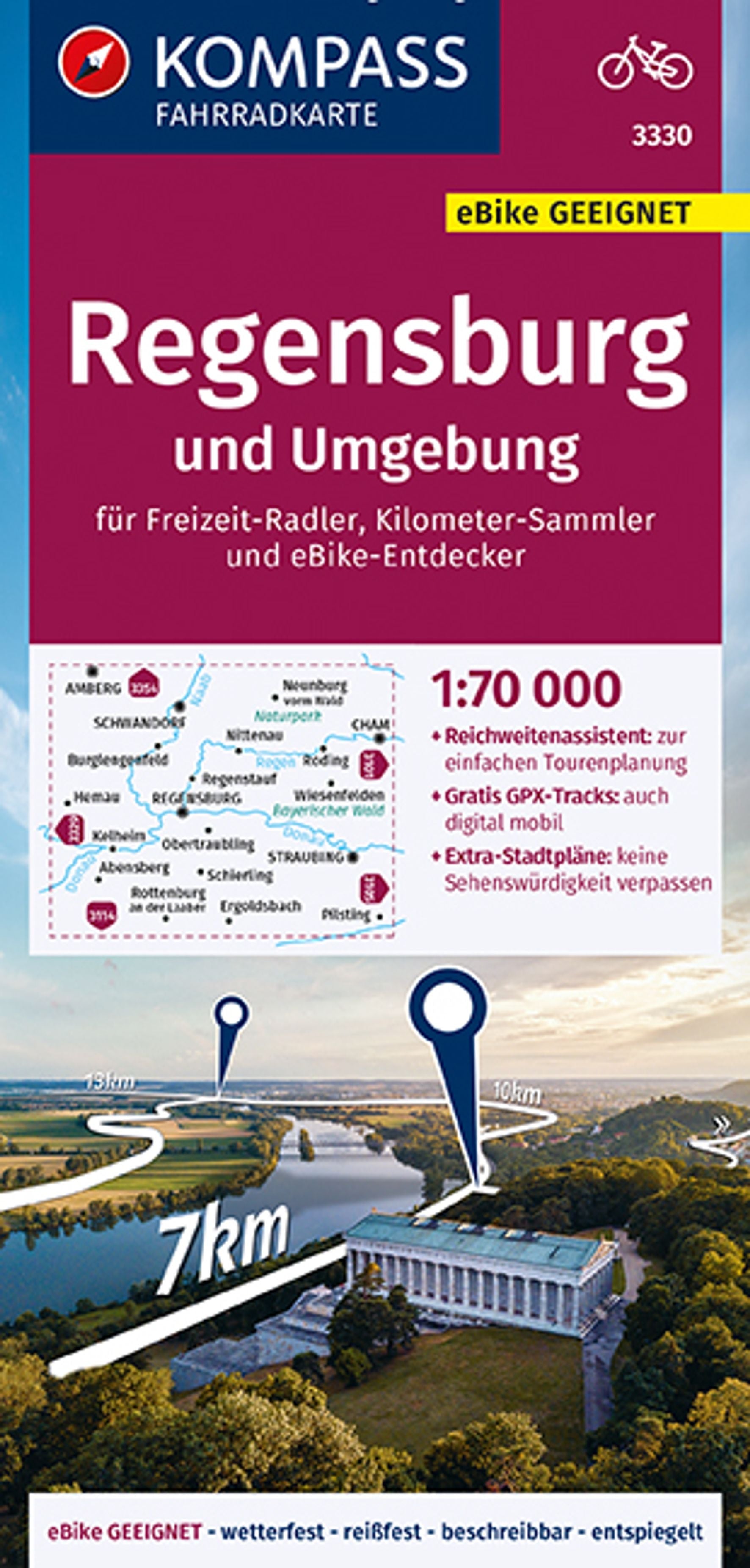 3330 Regensburg und Umgebung 1:70.000 - KOMPASS Fahrradkarte