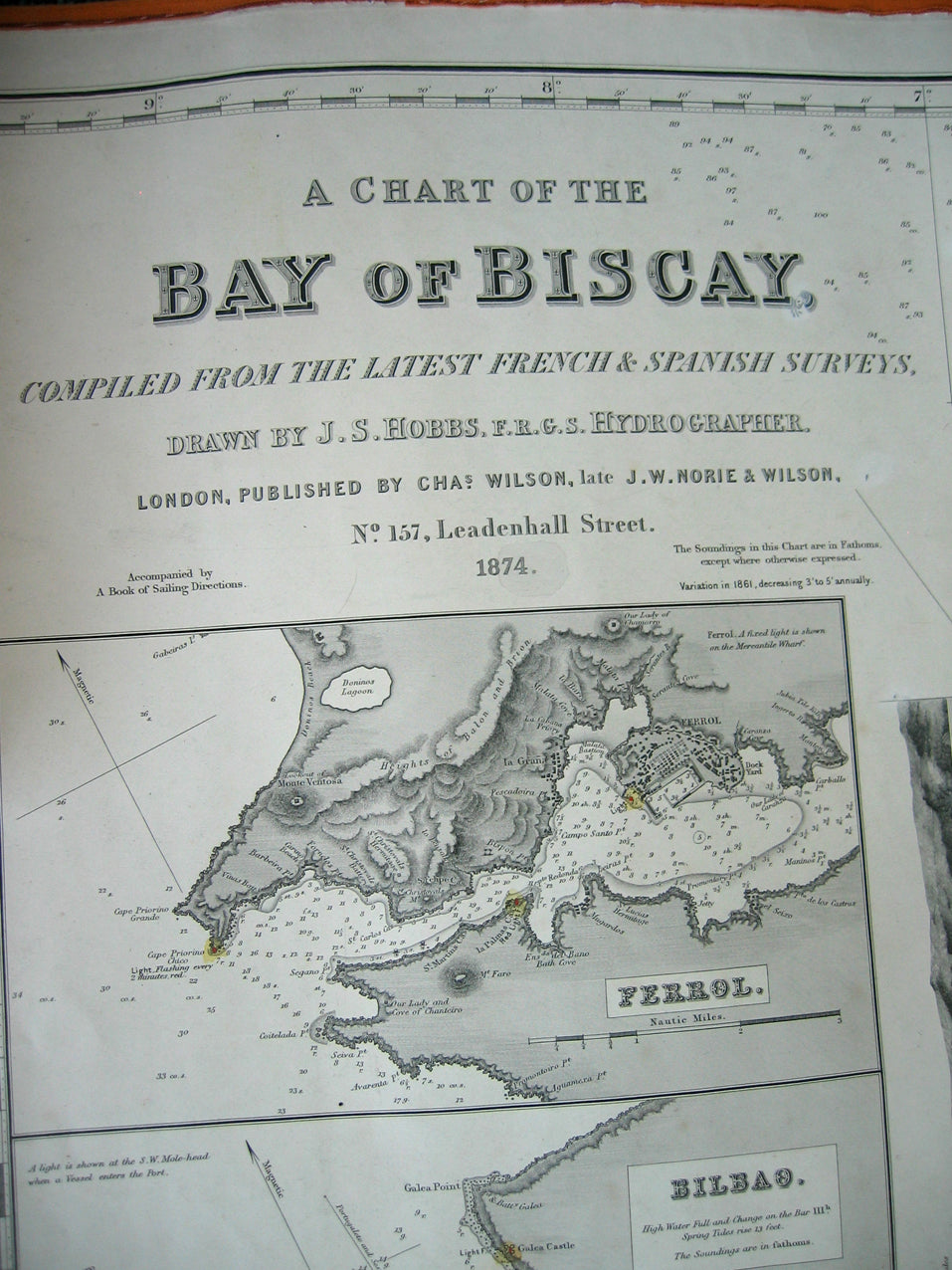 Norie & Wilson: A Chart of the Bay of Biscay, Compiled by the latest French an Spanish Surveys, 1874