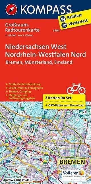 3704 Niedersachsen West 1:125 000 - KOMPASS Radtourenkarte