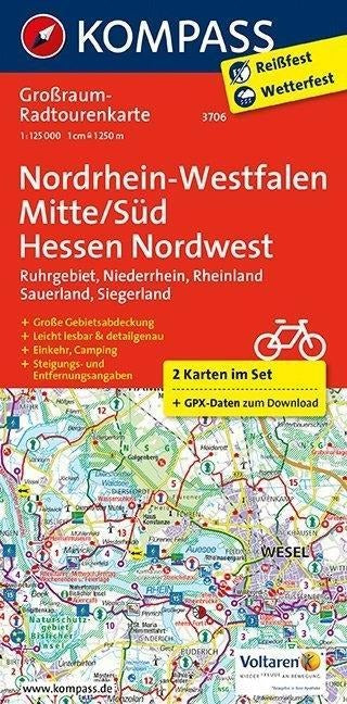 3706 Nordrhein-Westfalen Mitte/Süd  1:125 000 - Kompass Radtourenkarte