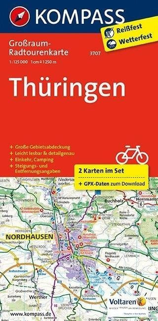 3707 Thüringen 1:125.000 - Kompass Radtourenkarte