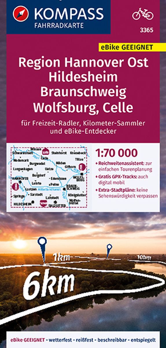 3365 Region Hannover Ost, Hildesheim, Braunschweig, Wolfsburg, Celle, 1:70:000 - KOMPASS Fahrradkarte