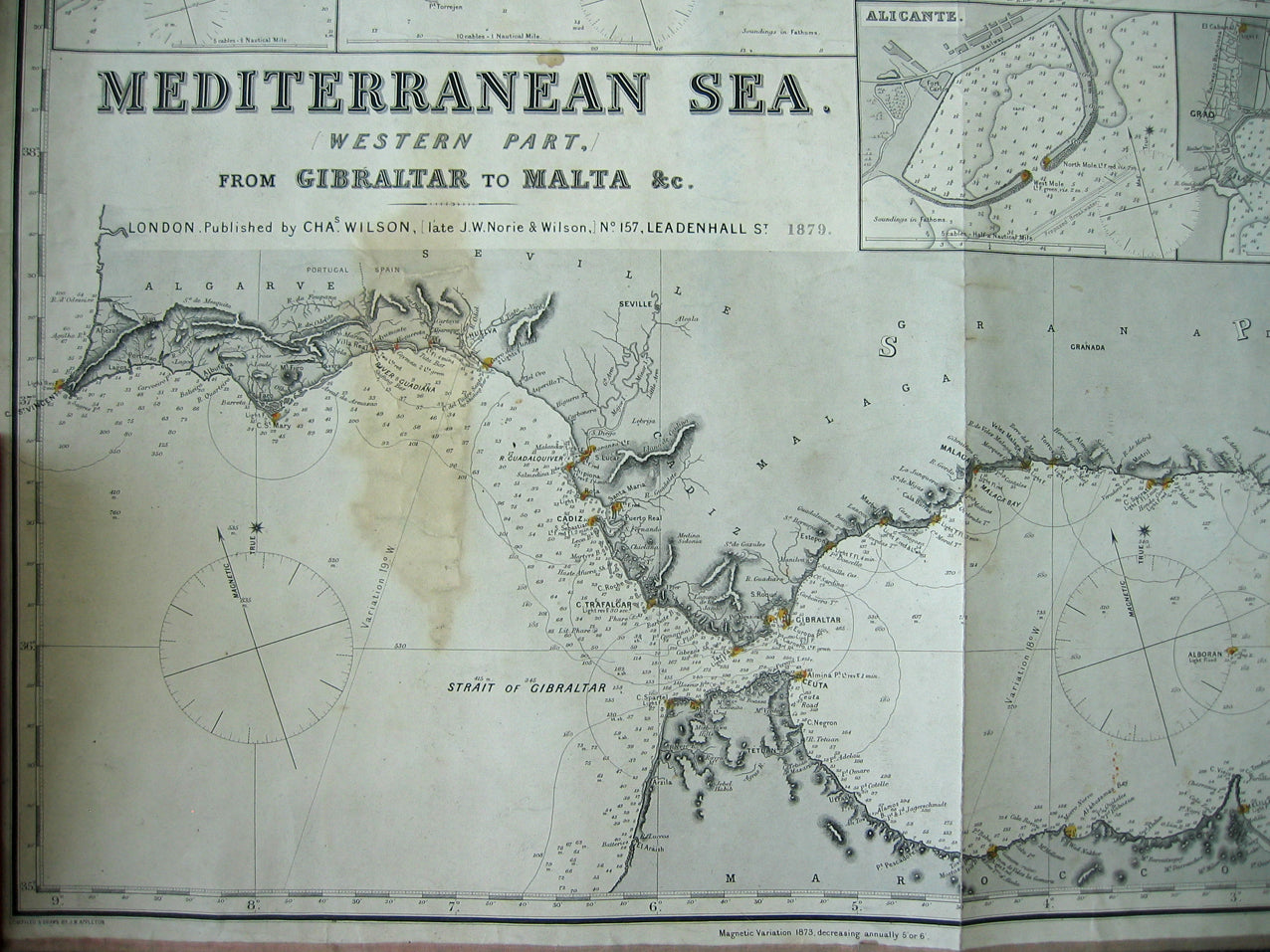 Norie & Wilson: The Western Part of the Mediterranean Sea. From Gibraltar to Malta, 1879 [Blueback sea chart]