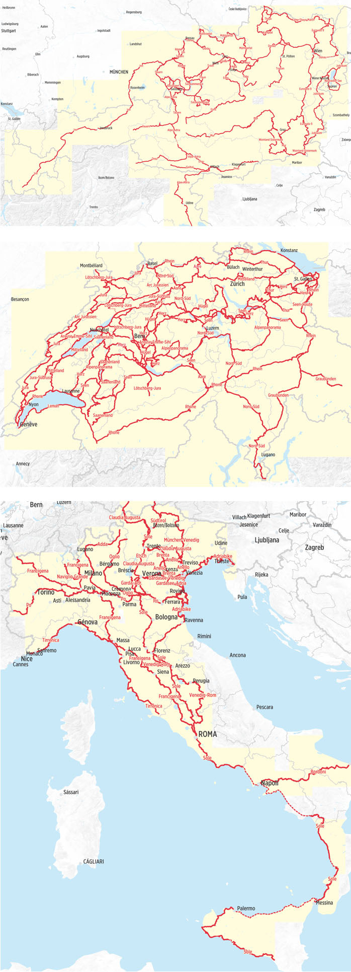 Radfernwege Österreich, Schweiz, Italien - Bikeline