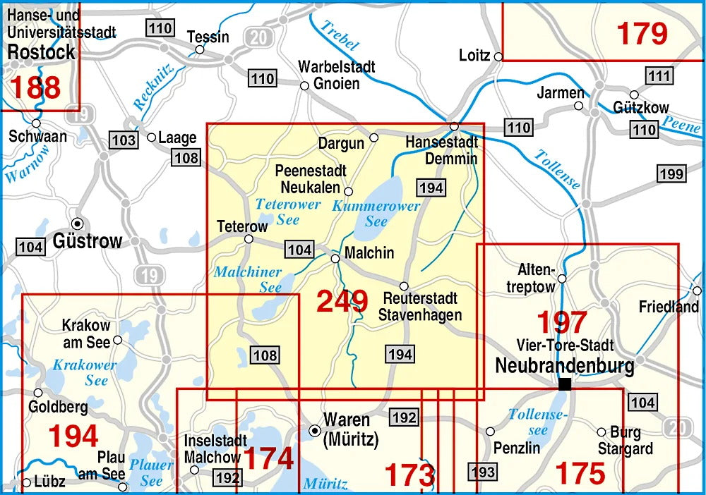 249 Mecklenburgische Schweiz, Teterow, Malchin, Stavenhagen und Umgebung 1:50.000 Wanderkarte